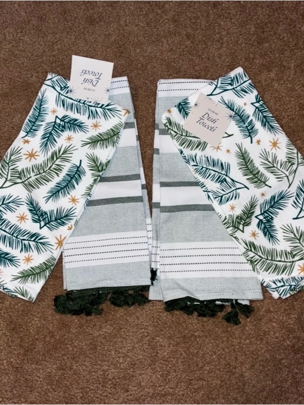 Holiday Pine Print & Gray Stripe Dish Towels - Set of 4